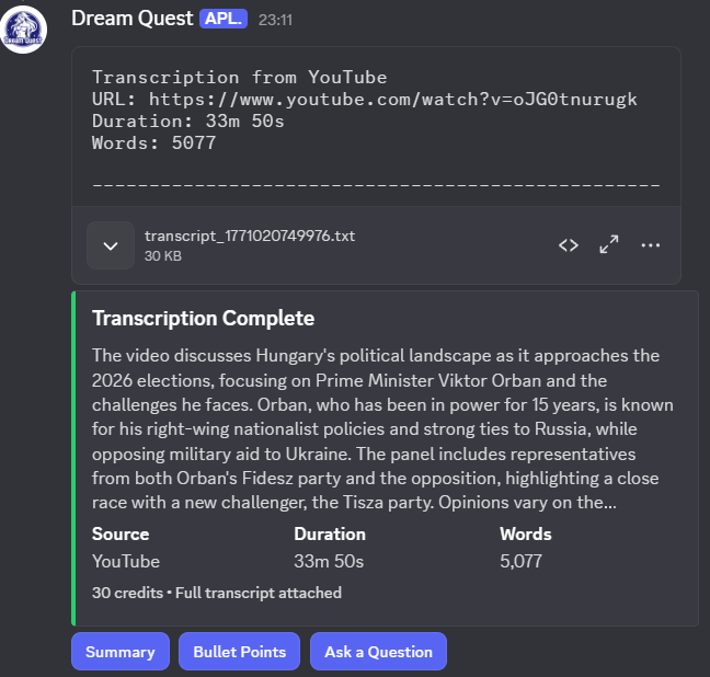 Full transcription result with AI summary, bullet points, and Ask a Question buttons